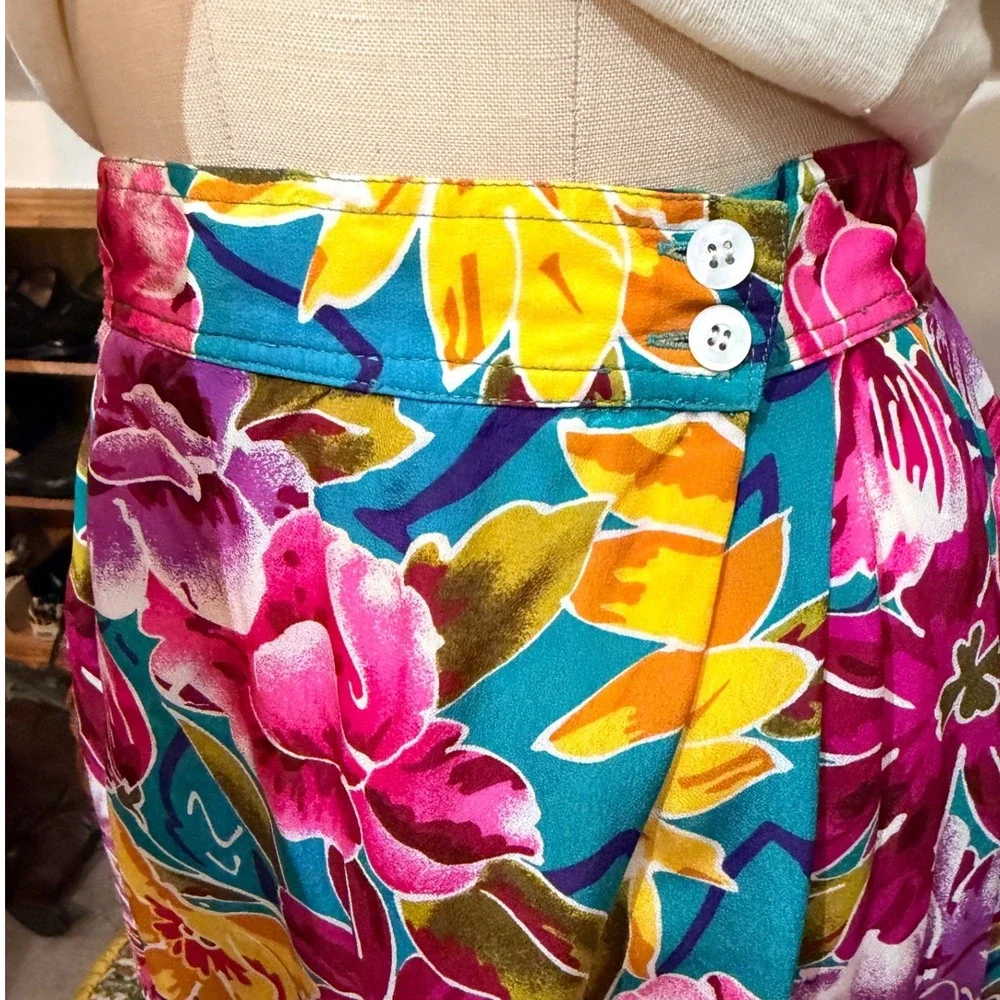 Christian Dior Vintage 80s‎ Floral Rayon Pleated Midi Skirt Pink Teal 14 - Picture 3 of 8